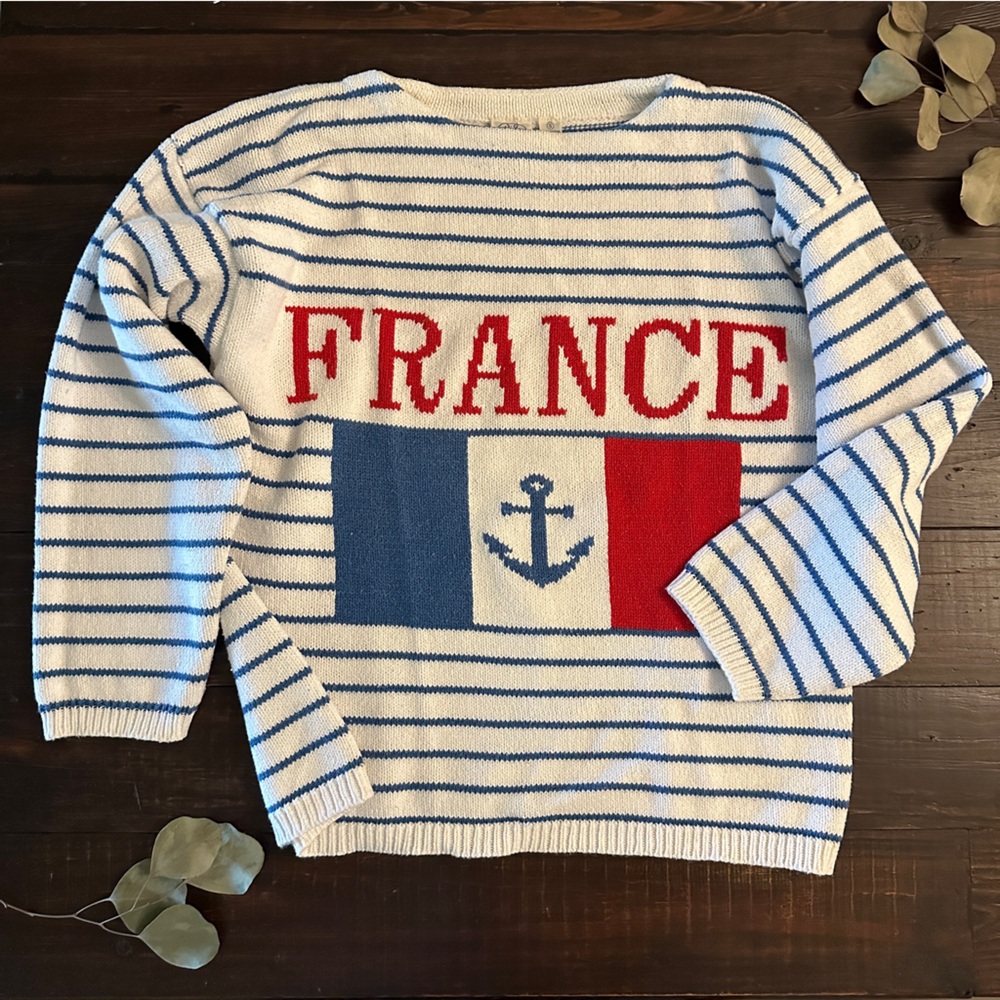Vintage Nautical Blue and White Striped Sweatshirt with Anchor